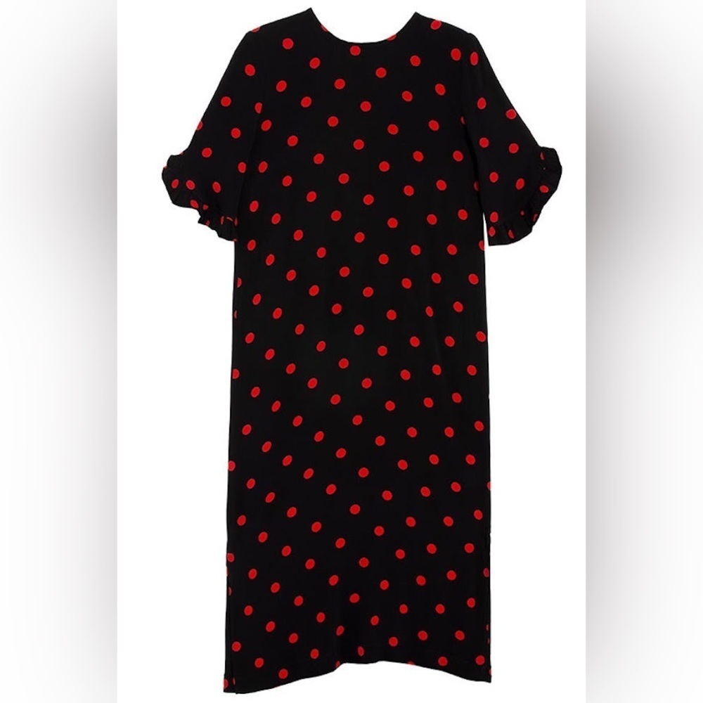 Ganni Black Red Polka Dot Ruffle Sleeve Shift Dress Midi Side Slit Size XS